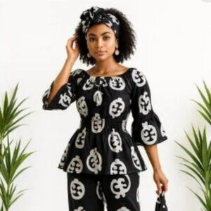 African Print Smocked Kimono Blouse - Ruffle Bell Sleeves - Fits up to 2XL